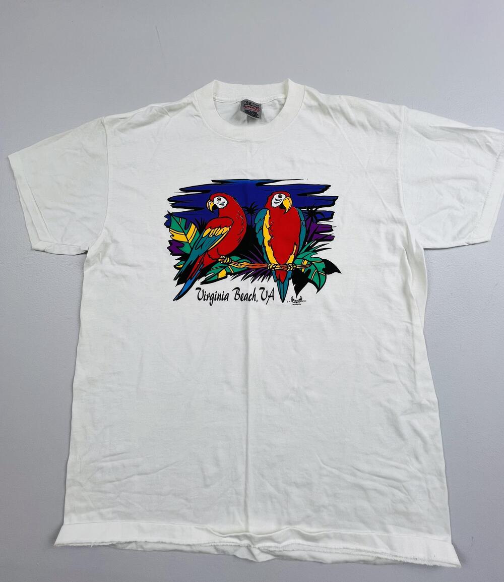 Vintage Oneita Shirt Mens Large White Parrot Virginia Beach VA Graphic Tee